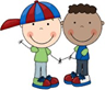 Two cartoon children smiling and shaking hands